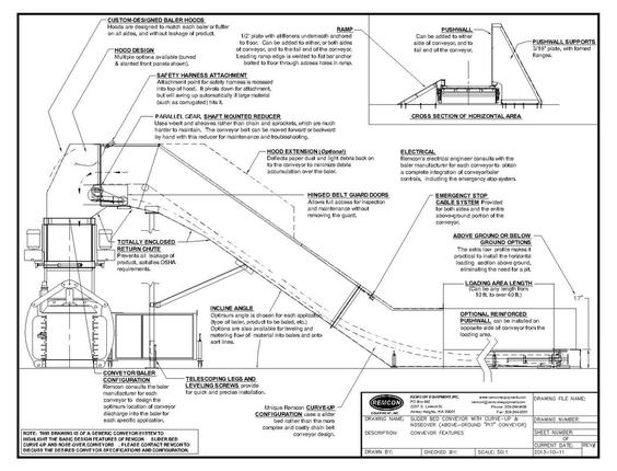 General features drawing of the Remcon above-ground pit conveyor with labeled components