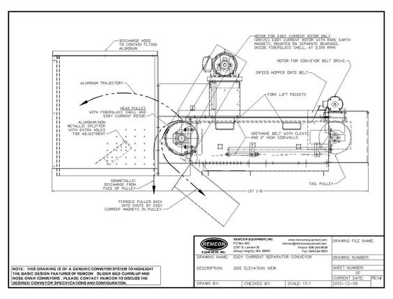 Sales drawing of an eddy current separator conveyor, side elevation, showing the aluminum trajectory ahead of the pulley and ferrous pulled back into a chute