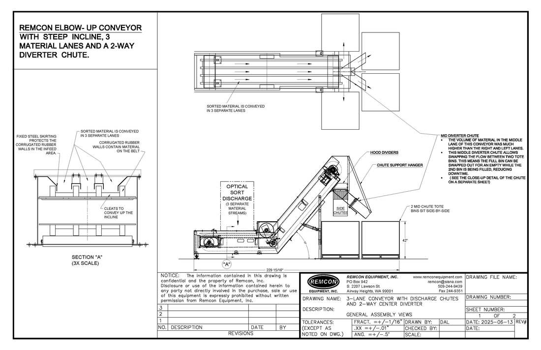 Steep-incline 3-lane elbow-up conveyor with a 2-way diverter chute at the discharge