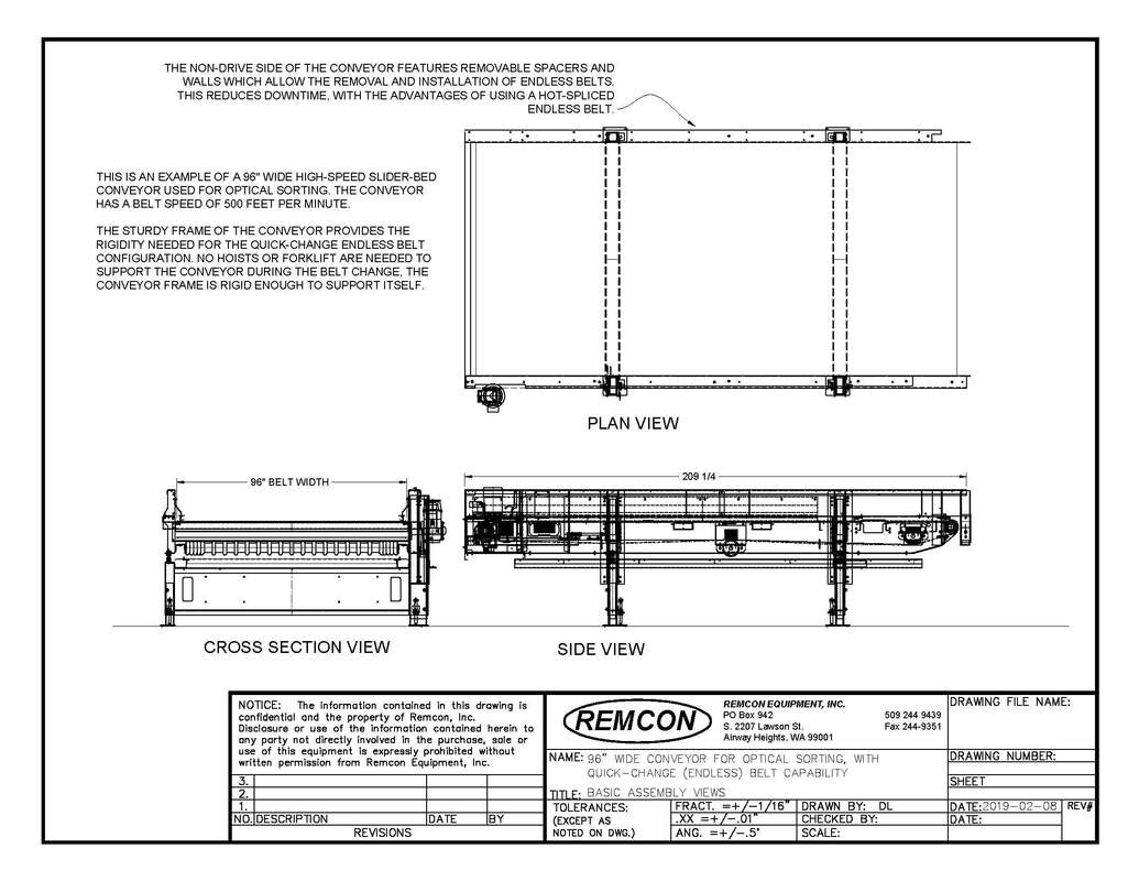 Remcon 96-inch wide high-speed quick-change endless belt conveyor for an optical sorting sensor